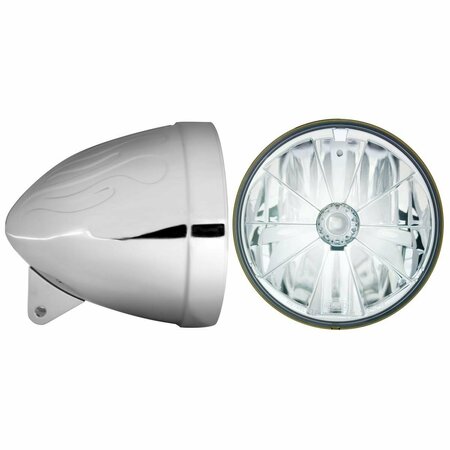 NEWALTHLETE 7 in. Flamed Headlight Bucket, Chrome with T70700 Pie Cut Lamp with H4 Bulb NE3008015